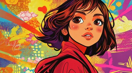 A woman with long dark brown hair and red lips looks to the left with a bright background of colorful abstract art.