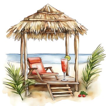 beach hut with red chair and cocktail clip art preview