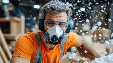 An indoor worker wearing an orange outfit and ear protection focuses on a precise task amidst an industrial setting, representing dedication and industrial safety measures.