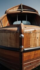 classic wooden boat facing the camera, minimalist, deadpan, banal, cool, clinical, urban, iconic, conceptual, subversive, sparse, restrained, symbol vertical