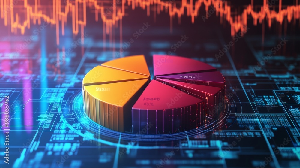 Aufkleber a 3d pie chart with distinct sections in bold, contrasting colors, each labeled with financial figur