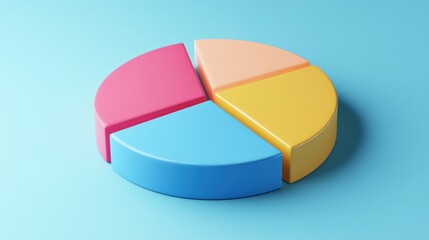 Obraz premium A colorful 3D pie chart divided into four sections, pink, blue, orange, and yellow, on a blue background.
