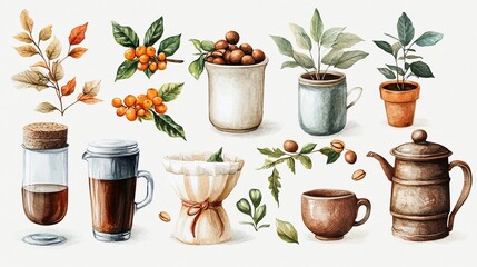 Coffee Beans Journey: Watercolor Sticker Set for Digital Planners