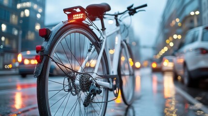 Obraz premium A detailed view of a bicycle’s rear light glowing brightly in an urban setting at dusk, capturing the essence of safe cycling and city life as evening sets in.