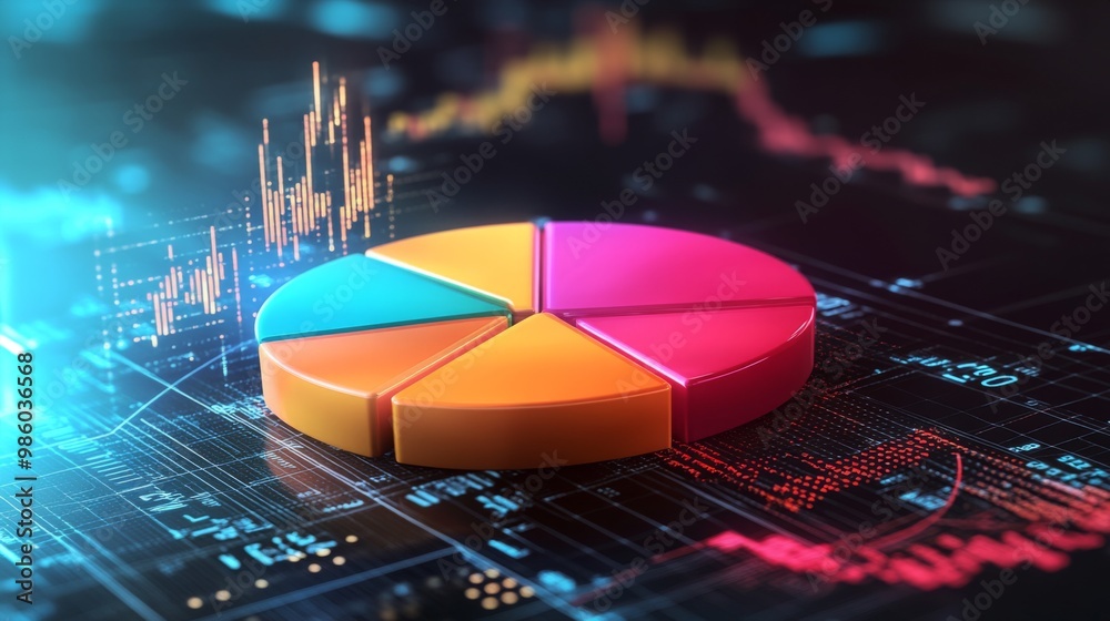 Aufkleber a 3d pie chart with distinct sections in bold, contrasting colors, each labeled with financial figur
