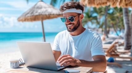 A person casually dressed and typing on a laptop at a tropical beach. The scene captures the essence of modern remote work, blending productivity with leisure in a stunning paradise.