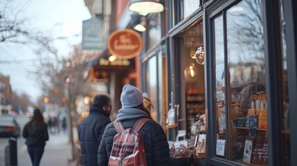 A close-up of a small business storefront with customers browsing, highlighting community engagement