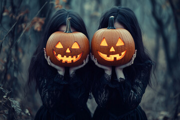 Fototapeta premium Collage of Two Girls in Witch Costumes Covering Faces with Pumpkins