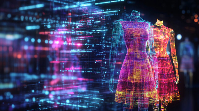 AI-driven fashion design system predicting upcoming trends, utilizing advanced algorithms and data analysis to forecast styles, colors, and patterns that will dominate future seasons. The scene emphas