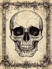 
Vintage illustration of a skull, Victorian card design with a floral border,Halloween
