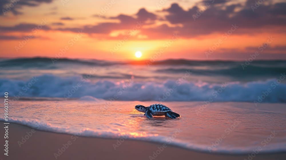 Poster a baby sea turtle emerging from its nest on the beach, heading towards the ocean with a backdrop of 
