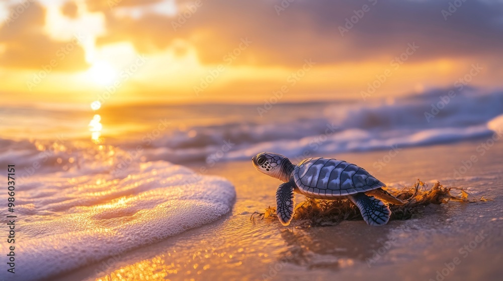 Poster a baby sea turtle emerging from its nest on the beach, heading towards the ocean with a backdrop of 