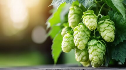 Fototapeta premium A serene photograph depicting a cluster of green hops illuminated by soft, warm sunlight, showcasing the tranquility and natural beauty essential for brewing and agriculture.