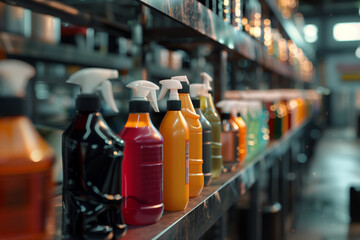 Industrial Cleaning Products on Steel Shelf
