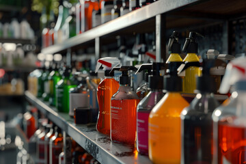 Fototapeta premium Industrial Cleaning Products on Steel Shelf
