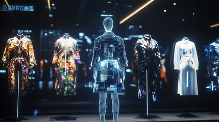 AI-driven fashion design system predicting upcoming trends, utilizing advanced algorithms and data analysis to forecast styles, colors, and patterns that will dominate future seasons. The scene emphas