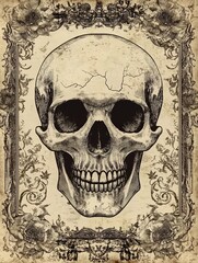 
Vintage illustration of a skull, Victorian card design with a floral border,Halloween
