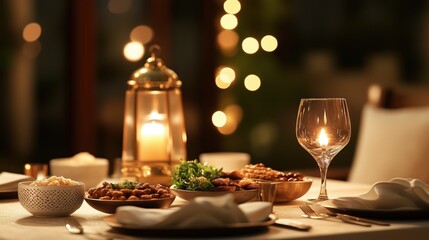 Fototapeta premium A beautifully arranged dinner table with various dishes, a candle-lit lantern, and a wine glass, creating a warm and inviting ambiance for an evening meal.
