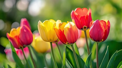 Fototapeta premium Close-up of vibrant tulip petals in full bloom, displaying vivid red, yellow, and pink colors against a blurred background of green leaves. Springtime beauty at its peak.
