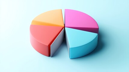 Obraz premium A colorful pie chart with 5 segments in orange, pink, red, blue, and grey, on a blue background.