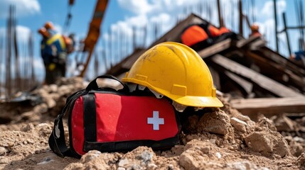 A safety gear set comprising a yellow hard hat, orange vest, and red first-aid kit on an active construction site, symbolizing safety, protection, and preparedness.