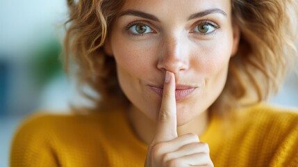 Naklejka premium An inviting woman with curly hair smiles, giving a quiet gesture with her finger on lips while wearing a yellow sweater. Her eyes convey warmth and mystery.