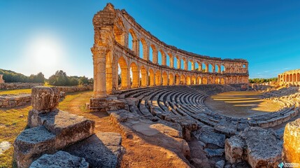 Obraz premium A panoramic view of an ancient amphitheatre, with rows of stone seating curving in a semicircular formation, surrounded by weathered columns and arches, set against a clear blue sky. The warm