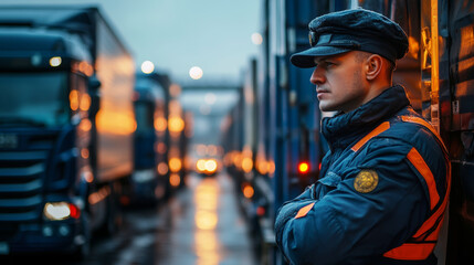 customs officer stands vigilant at border checkpoint, overseeing trucks in busy transport area. scene captures tension and responsibility of border security