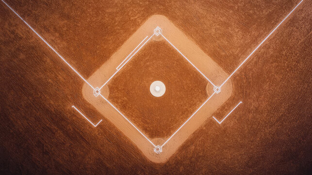 Aerial view of a baseball diamond on a sandy field, highlighting the bases and pitcher's mound in a neatly maintained layout.