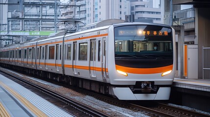 Obraz premium A modern train in an urban environment showcases efficient public transport and city infrastructure.