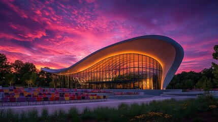 A vibrant scene of a modern amphitheatre at dusk, with soft lighting illuminating the sleek, curved metal and glass structure. The audience seating is filled with colorful chairs, and the stage is