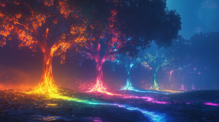 dreamlike forest of glowing neon trees with vibrant rainbow colors creates magical atmosphere, inviting wonder and exploration. enchanting scene captivates imagination
