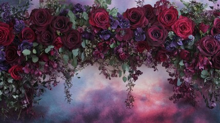 Obraz premium A vibrant floral arrangement featuring deep red roses and purple flowers against a colorful backdrop.