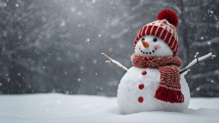Obraz premium Cheerful Snowman in a Cozy Winter Wonderland: A Serene, Festive Scene with Copy Space Perfect for Holiday Cards or Seasonal Designs