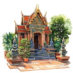 Fototapeta premium Watercolor painting of a traditional Thai temple with Buddha statues and lush greenery.