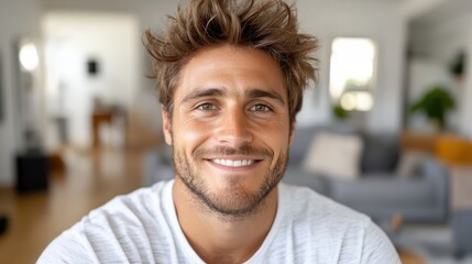 Obraz premium A cheerful man with tousled hair relaxes in his serene home with a joyful expression. The quiet and inviting setting denotes comfort and happiness.