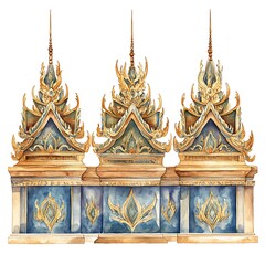 Obraz premium Watercolor Illustration of Traditional Thai Temple Roof Details.