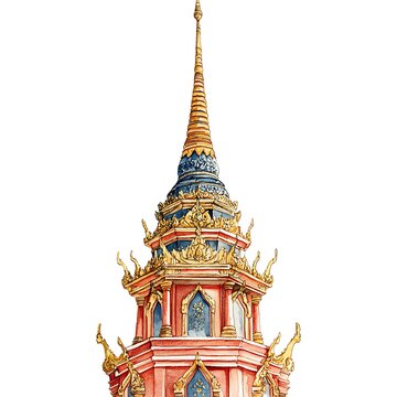recommend clip art: Watercolor illustration of a Thai temple spire with intricate details and a white background.