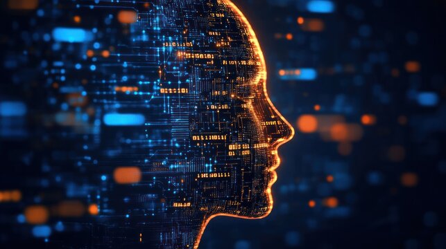 Digital human face made of glowing circuit board lines and binary code.