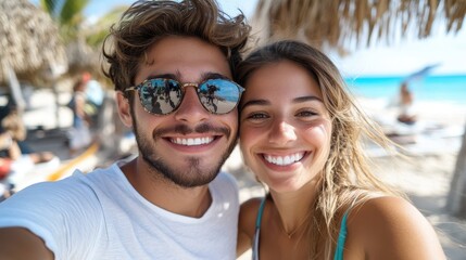 Obraz premium With palms swaying gently overhead, a beaming couple takes a selfie by the turquoise waters and white sandy beach, exemplifying pure joy and relaxation.