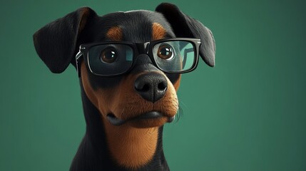Hyperrealistic Dog with Glasses on Green Background, AI generated illustration