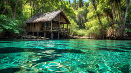A serene scene with clear turquoise waters flowing through a forest of tall, palm-like trees.