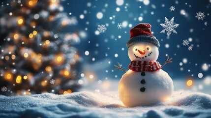 Fototapeta premium A snowman at night, illuminated by holiday lights, with a glowing Christmas tree nearby and snowflakes gently falling from the sky