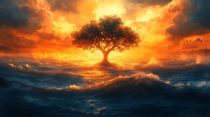 fantastical tree stands majestically in middle of vibrant ocean, surrounded by waves under dramatic sunset. scene evokes sense of wonder and tranquility