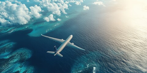 Fototapeta premium Airplane Flying Over Ocean in Realistic Scene
