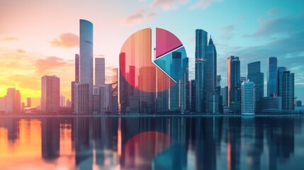 Naklejka premium A city skyline with a pie chart graphic in front of it.