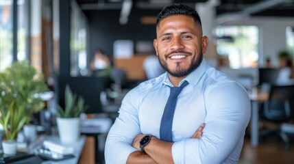 Obraz premium A cheerful man grins in a crisp white shirt, arms folded, in a modern office backdrop, embodying confidence, positivity, and warmth in a corporate setting.