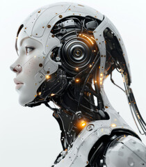 Fototapeta premium A beautiful female robot with visible circuitry and wires in her neck, on a white background, with glowing lights and a white skin tone.