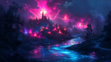 Obraz premium vibrant fantasy world where rivers flow with neon colors, surrounded by mystical landscape. glowing castle and colorful reflections create enchanting atmosphere
