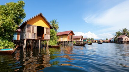 Obraz premium A picturesque scene of stilt houses resting on calm water under bright blue skies, embodying the tranquility and charm of a simple life in a serene coastal village.